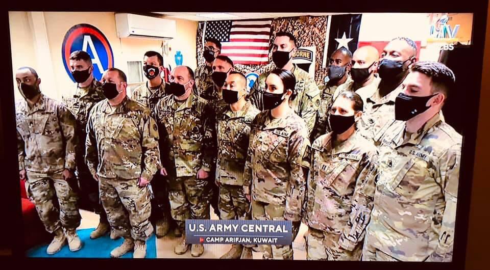 usarmycentral's tweet photo. #ICYMI during the National Anthem, the @SuperBowl live broadcast cut to our #USARCENT troops in Kuwait representing for all of @DeptofDefense’s selfless warriors serving away from their families. We’re so honored to serve with each of you. #WhoWeARcent @CENTCOM @USArmy https://t.co/4Yu57OWvew