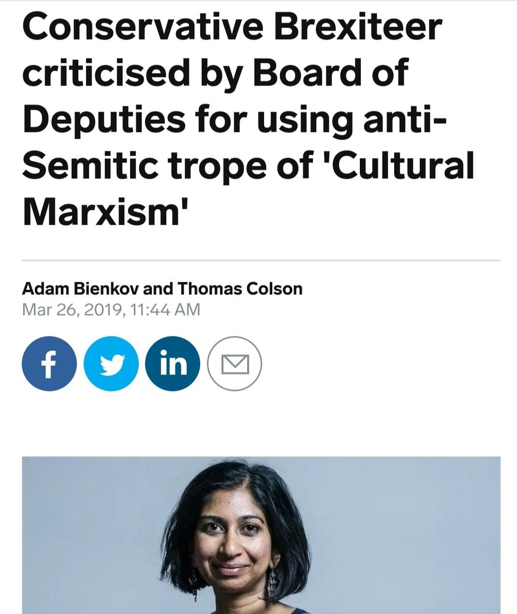 Furthermore, Attorney General Suella Braverman, Tory MP Ben Bradley, & the large group of Tories known as "The Common Sense Group", have all used the antisemitic conspiracy theory of "cultural Marxism" - which inspired far-right terrorist Anders Breivk - on numerous occasions.