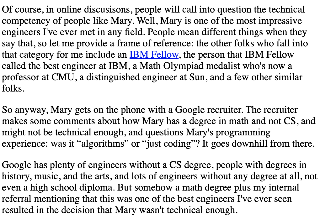 e.g., the two stories below come from (arguably) the hottest tech companies in the '00s & '10s, respectively.The latter employed the strictest prestige filter of any > $1B tech company I know of, much stricter than Twitter's. https://danluu.com/tech-discrimination/ https://danluu.com/programmer-moneyball/