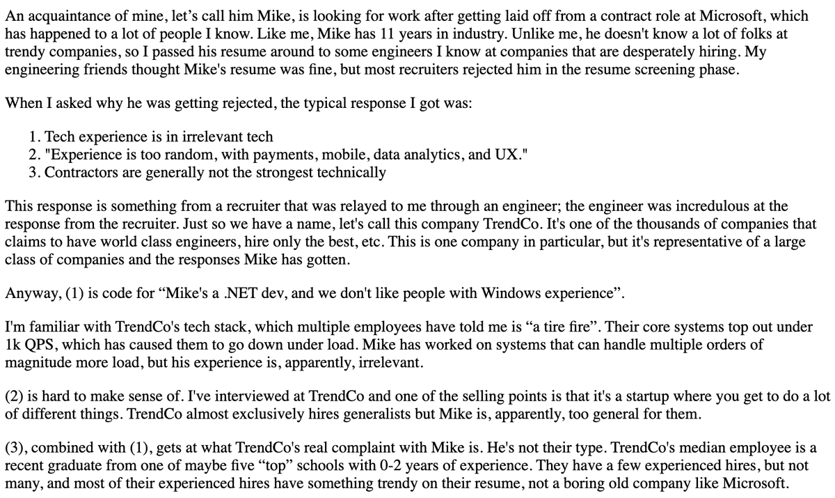 e.g., the two stories below come from (arguably) the hottest tech companies in the '00s & '10s, respectively.The latter employed the strictest prestige filter of any > $1B tech company I know of, much stricter than Twitter's. https://danluu.com/tech-discrimination/ https://danluu.com/programmer-moneyball/
