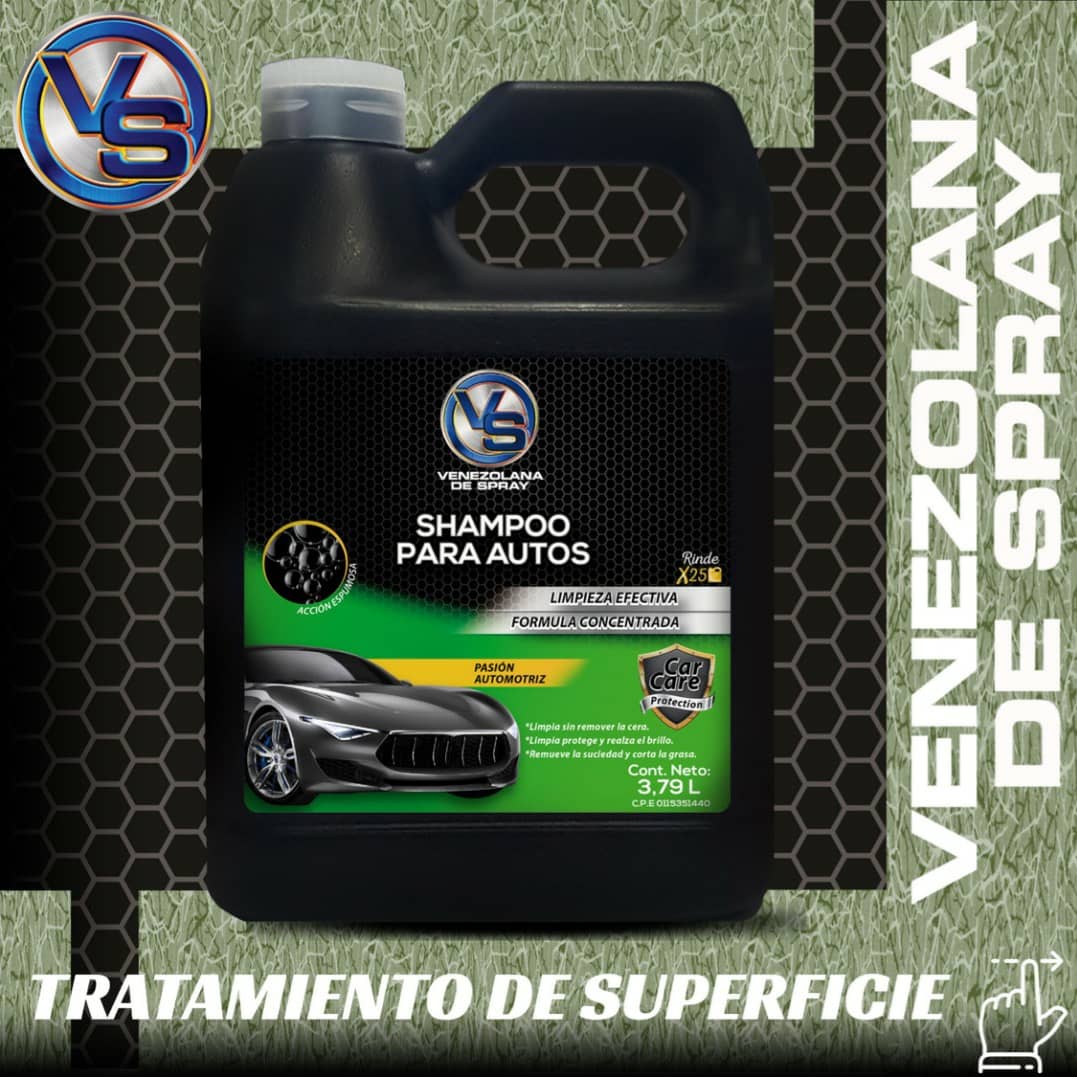 spray_vs
SHAMPOO PARA AUTOS
Elimina de forma fácil la suciedad, sin dañar la pintura, ni dejar manchas en la superficie. Limpia, protege y realza el brillo.
Acción espumosa y limpieza efectiva.