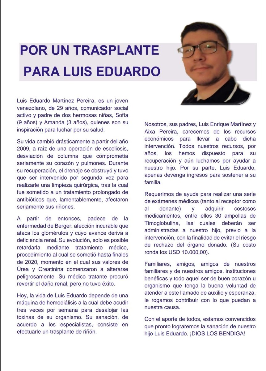 lemartinezp's tweet photo. Hoy inicia mi campaña para conseguir que mi trasplante se lleve a cabo. Acudo a ustedes para solicitar cualquier ayuda que me puedan ofrecer; incluso será un valioso aporte si puedes compartir este mensaje. Muchas gracias. https://t.co/GmDJDFFheD