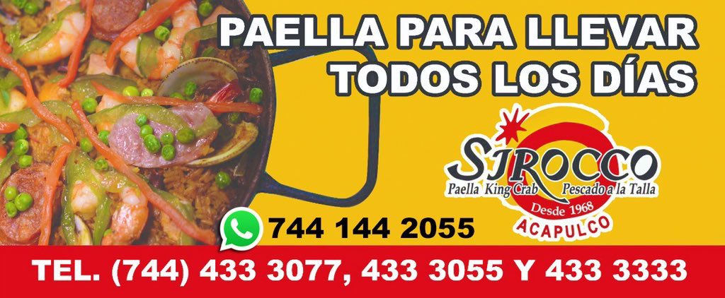 Este #domingo nada  mejor que #paellaparallevar de #sirocco #acapulco o si lo prefiere comer en Sirocco desde 1968 la mejor opción 
#Pedidos4333055/3077 
WhatsApp 7441442055 
#horario de 1 a 11 PM 
Run run