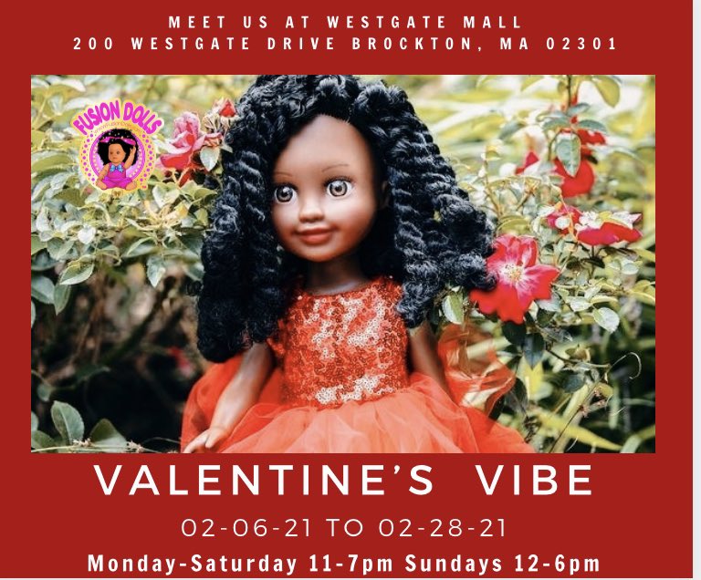 fusiondolls's tweet photo. Valentine’s Vibe @WestgateMass 
We are in between Claire’s and Old Navy !
#Shopblack #Supportlocal #Fusiondolls #Blackdolls #Brockton #Diversity #Awareness #Blackgirlmagic #Blackdollmagic #Representationmatters https://t.co/gom2n7Mzgj