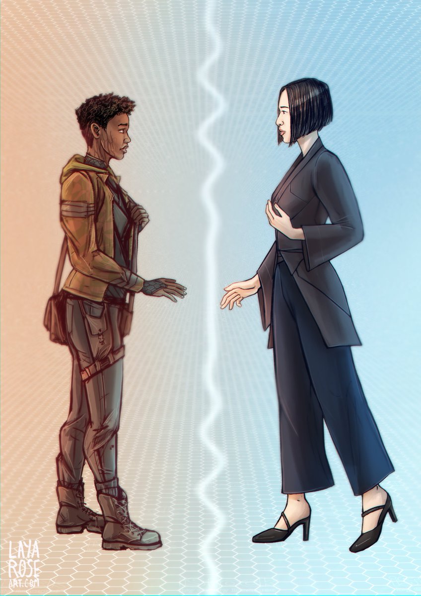 Illustration of two women in profile, facing each other with their right hands tentatively outstretched. They're in a abstract room with hex patterns and a glowy vertical line between them. Cara is Black, with short hair and scars on her cheeks and brown rough clothing. Dell is Japanese with a severe bob and black sleek clothing.