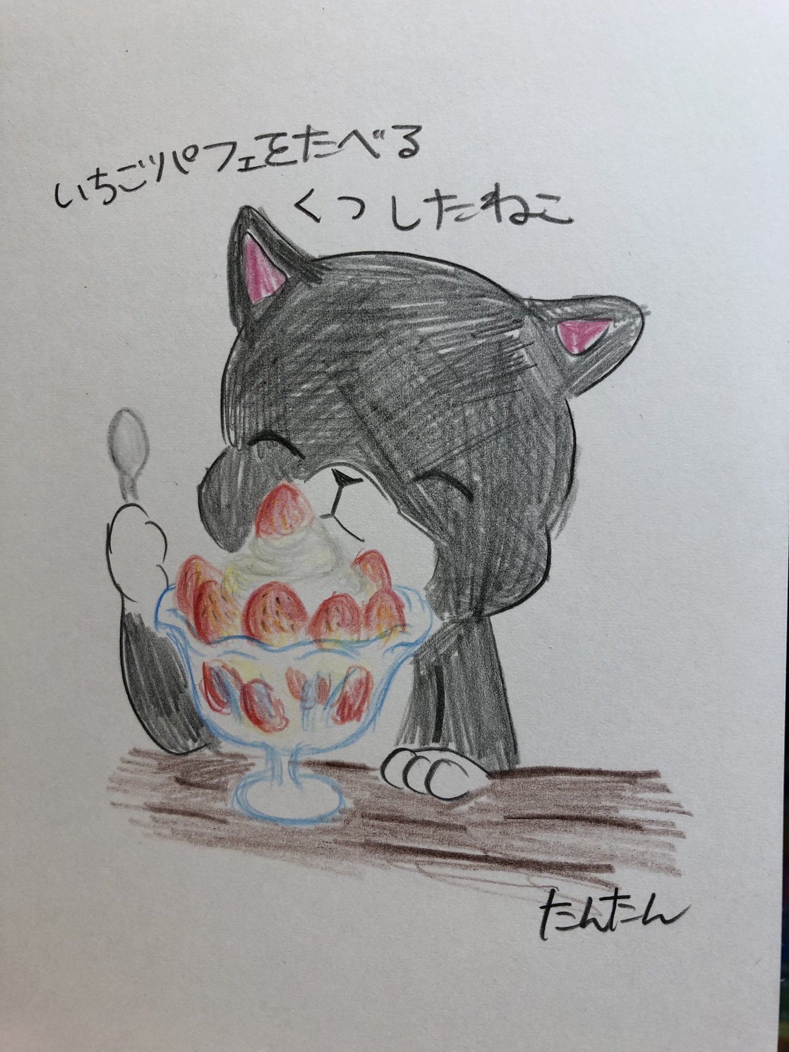たんたん 毎日くつしたねこ いちごパフェを食べるくつしたねこ イラスト 猫 色鉛筆 T Co Uqcjfh4ism Twitter