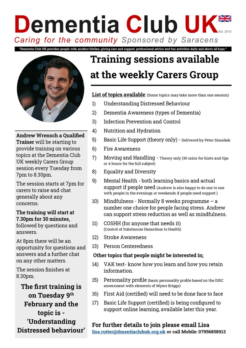 Training Sessions starting this Tuesday, 9th Feb during the Carers Group meeting. 

See flyer below for full details. Professional training on wide variety of topics, don't miss out...