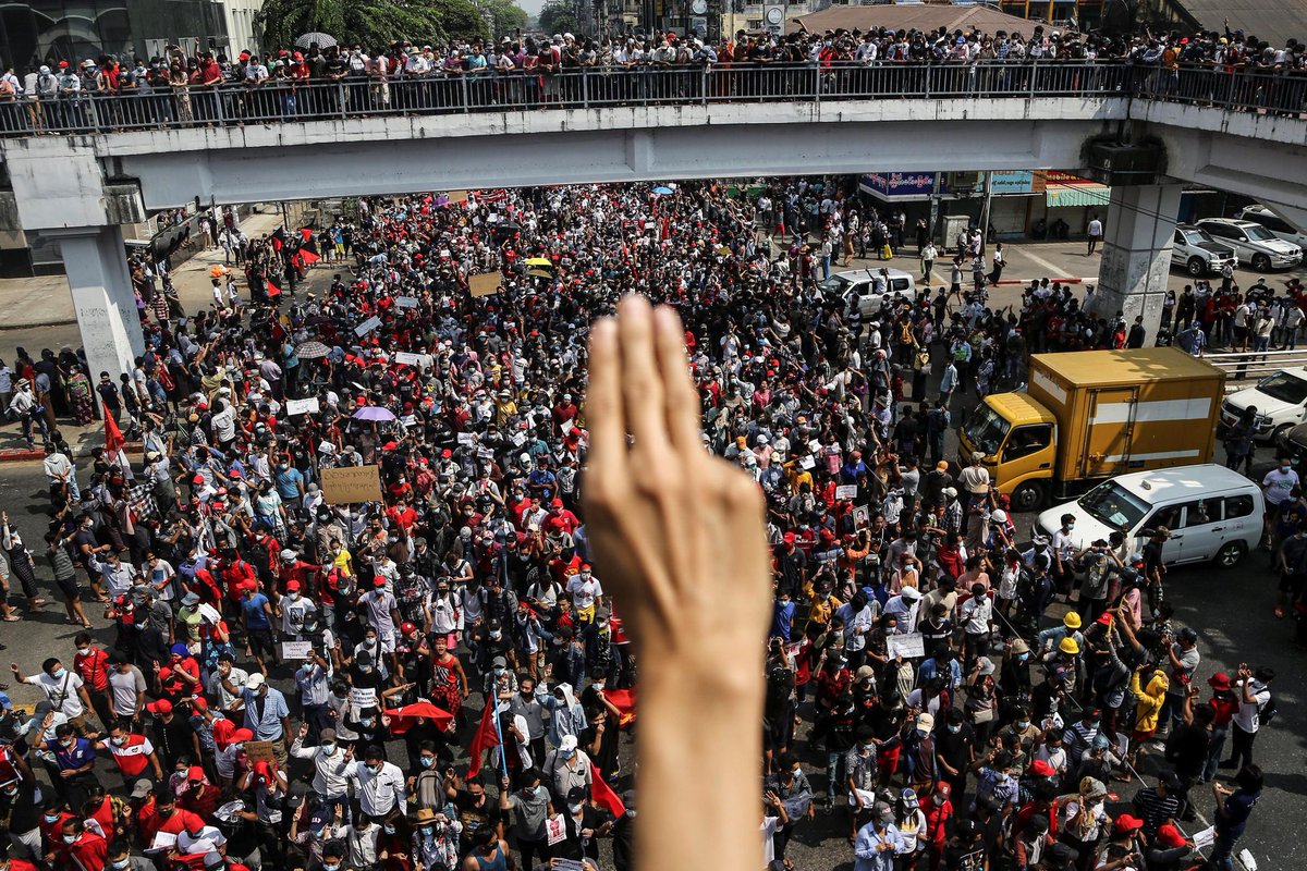 ANCALERTS's tweet photo. 'YOU MESSED WITH THE WRONG GENERATION.' Flashing the 3-finger salute, people in Yangon, Myanmar took to the streets to protest against the military coup and to demand the release of elected leaders, including Aung San Suu Kyi. Stringer, Reuters https://t.co/2UwJa2lmkO