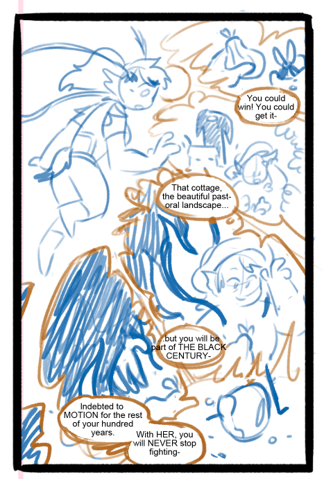 To compare, here's some thumbs from a recent fan comic project I did- since I didn't have to show this to an editor and it was just for me, they're a lot looser (and I also was able to halfway through drawing a page decide to stretch out pages/add more elements/etc etc etc)