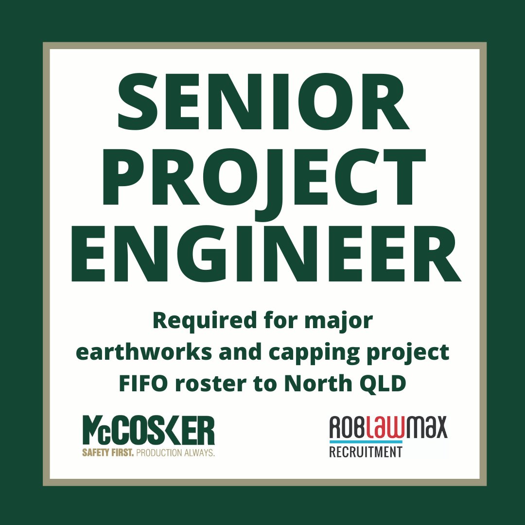 RobLawMax Australia are proud to partner McCosker Contracting to deliver a talented SENIOR PROJECT ENGINEER (EARTHWORKS) for a North QLD project. Contact Jeremy +61 452563255 or Teti +61 416201900 for more info.
Apply here 1l.ink/FD4KS6R #projectengineerjobs