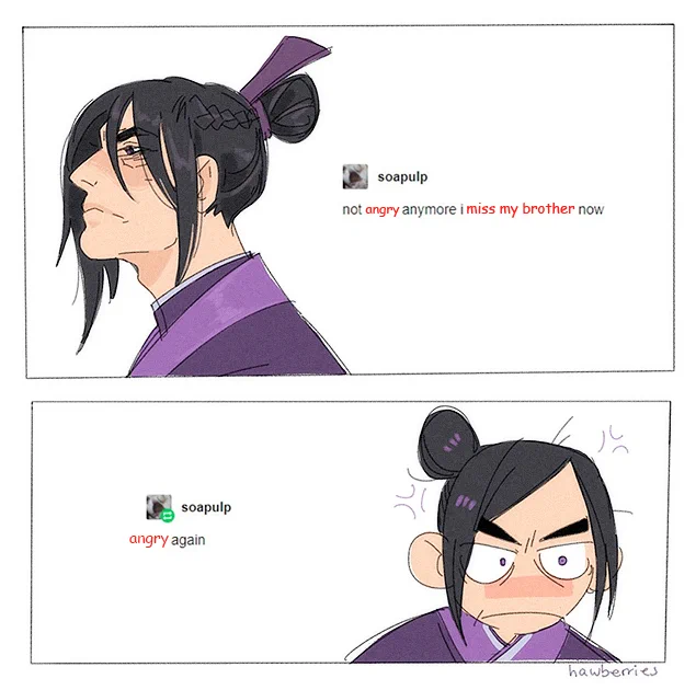 [mdzs] jiang cheng has never coped with a thing in his life. i love him unspeakably 