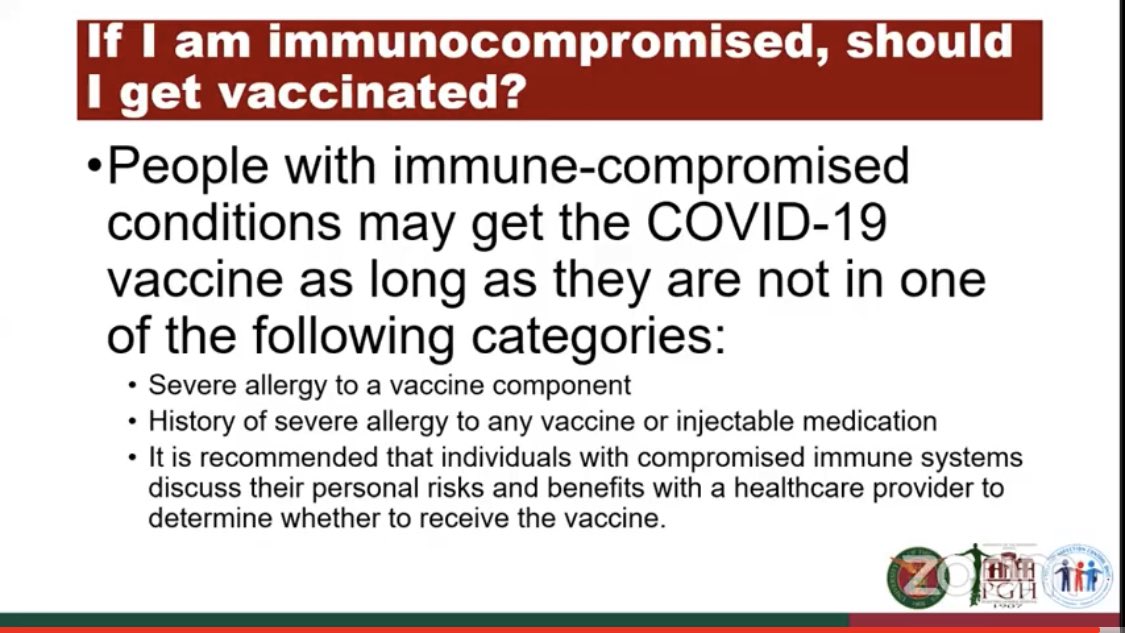 People with immune-compromised conditions MAY get the vaccine as long as they do NOT have severe allergy to a vaccine component & there’s no history of severe allergy to any vaccine or injectable medication. Discuss personal risks & benefits w/ur doctor.- Dr. Berba’s slide: