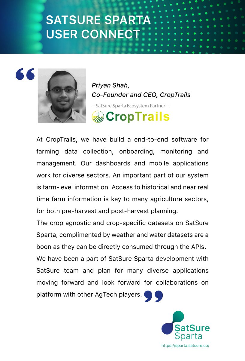sat_sure's tweet photo. Building a farm management soln. and wish to provide satellite remote sensing datasets for your clients? Use SatSure Sparta APIs like @oeppinnovations, a 'No code' platform with freely available #satellite imagery derived crop and climate data products! #openinnovation #AgTech https://t.co/C2irmAa18y