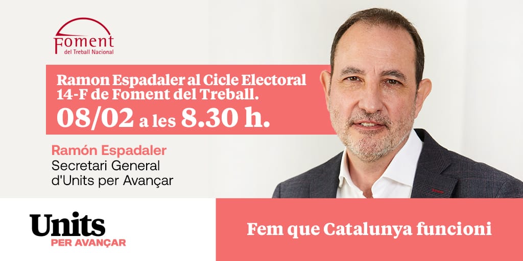 UnitsCat's tweet photo. De 8.30h. a 9h @Ramon_Espadaler, secretari gral d'https://t.co/1LiRsOOIe7 i 3er de la llista encapçalada per @salvadorilla, participarà en el cicle electoral #14F de @FomentTreball. #FemQueCatalunyaFuncioni #IllaPresident. Es podrà seguir en aquest enllaç  https://t.co/CSfp1mN2tT https://t.co/jzgeCfFKnP