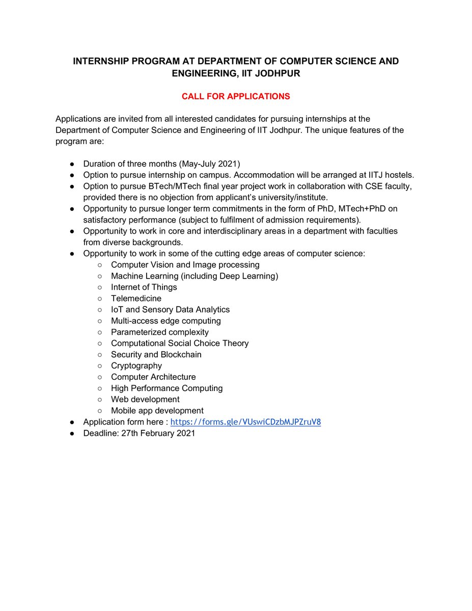 CSEIITJ1's tweet image. We are hiring interns!!
Timeline: May-Jul 2021
Deadline: Feb 27 2021
Application @ forms.gle/VUswiCDzbMJPZr…
#cseiitj #cseiitjodhpur #iitjodhpur #iitj #internships #MachineLearning #AI #telemedicine #EdgeComputing #socialchoicetheory #Blockchain #cryptography #Systems