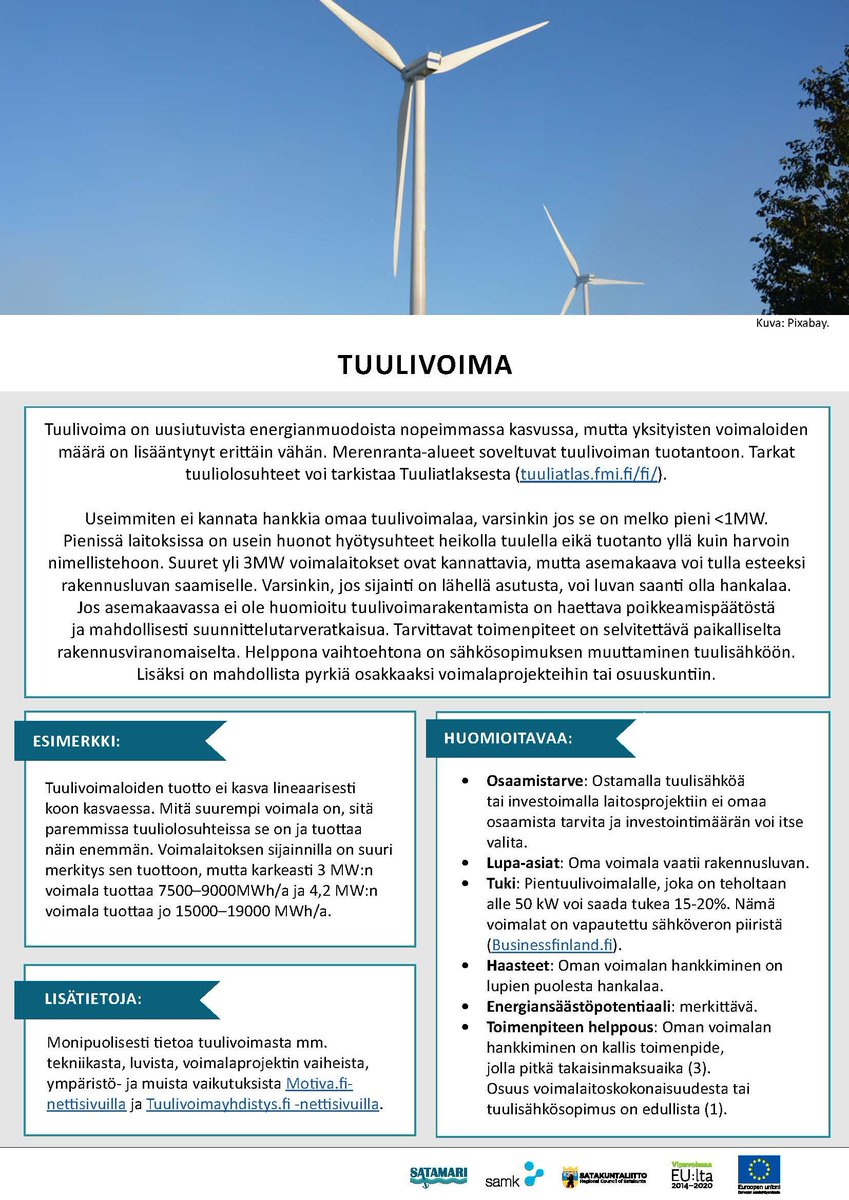 SataMariSAMK's tweet photo. Päivän #energiansäästövinkki: Tuulivoima
➡️ Helppo vaihtoehto: muuta sähkösopimus tuulisähköön.
➡️ Selvitä mahdollisuuksia oman tuulivoimalan hankintaan.

Tutustu: https://t.co/i7kkpO7x1T
#energiatehokkuus #meriklusteri #tuulivoima #uusiutuvaenergia #sähkö https://t.co/hnbjsm2ZGX