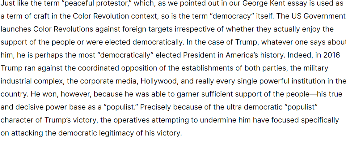 Please note this important thing: "The US Government launches Color Revolutions against foreign targets irrespective of whether they actually enjoy the support of the people or were elected democratically." https://www.revolver.news/2020/09/meet-norm-eisen-legal-hatchet-man-and-central-operative-in-the-color-revolution-against-president-trump/