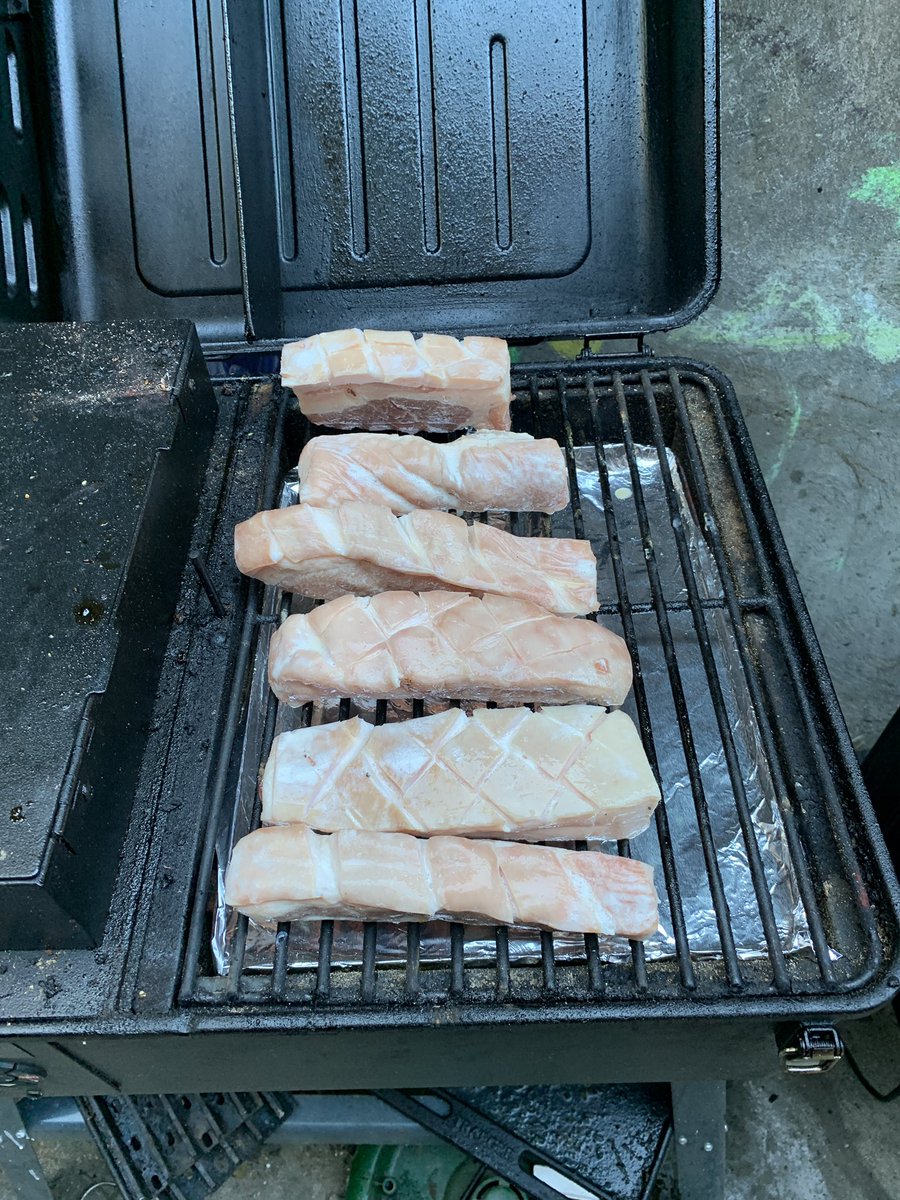 GeoffDeSantis's tweet photo. @DivaQBBQ first attempt following your crispy pork belly recipe. Some were good and a lot were bad. Learning and I know what to do next time to make them great. https://t.co/TSV5QK0z9T