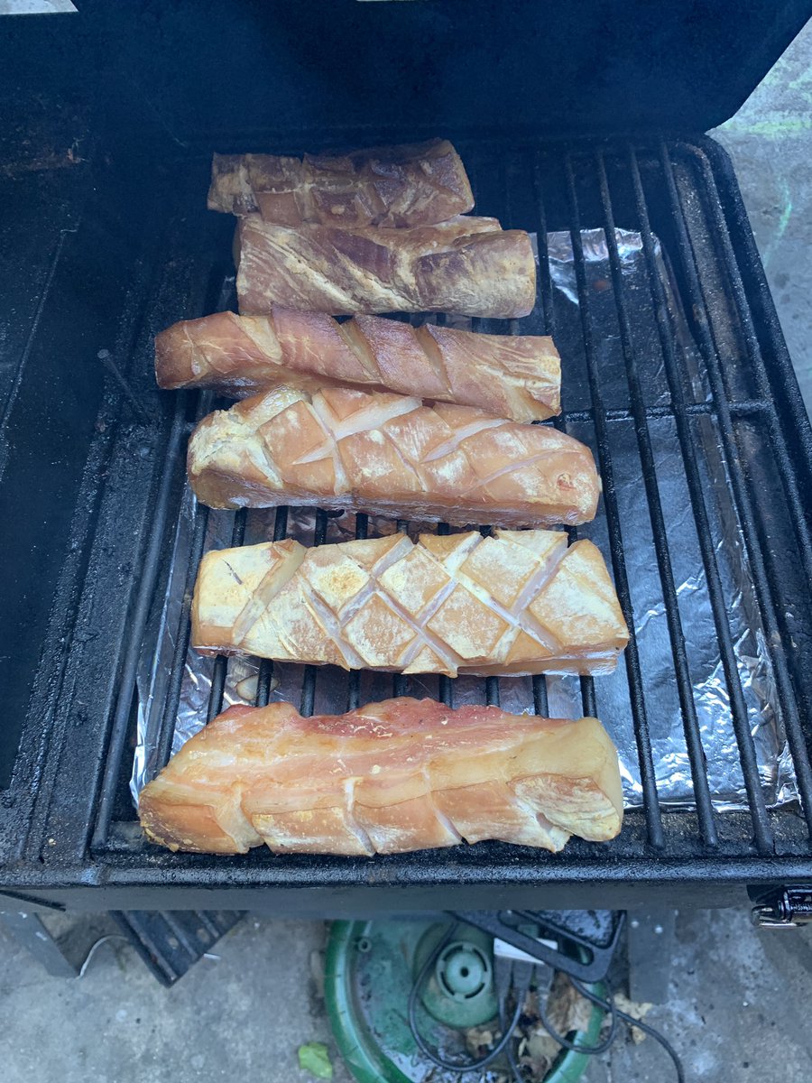 GeoffDeSantis's tweet photo. @DivaQBBQ first attempt following your crispy pork belly recipe. Some were good and a lot were bad. Learning and I know what to do next time to make them great. https://t.co/TSV5QK0z9T