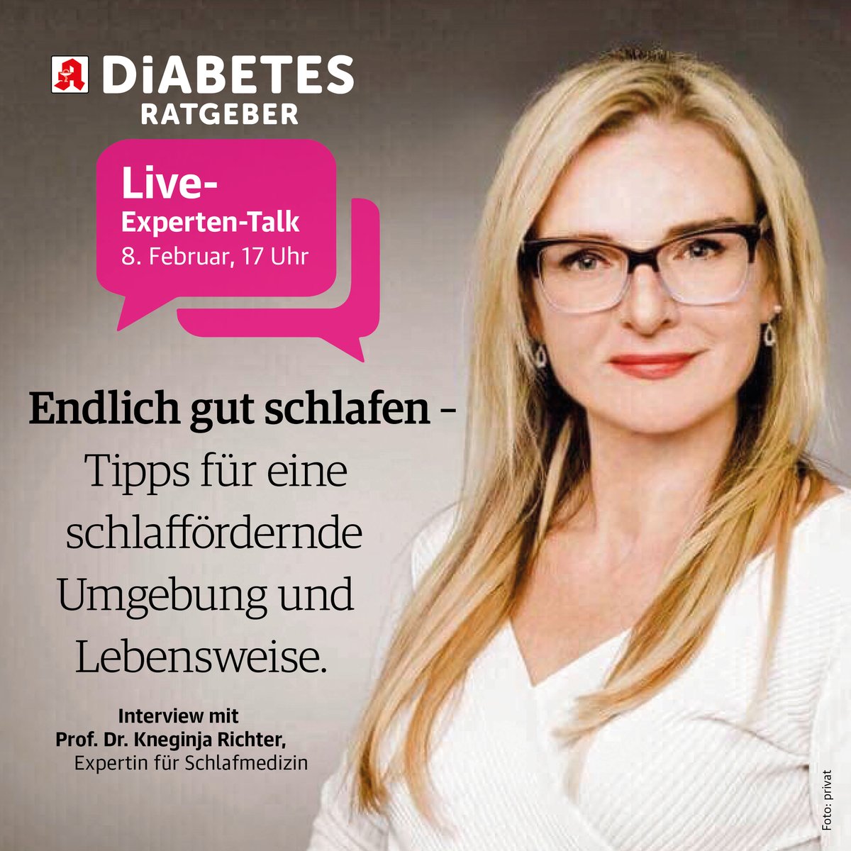 StarkmitTyp2's tweet image. In Zukunft #besser #schlafen: Ab 17.00 spricht #Diabetes-Ratgeber-Chefredakteurin Anne-Bärbel Köhle live auf Instagram mit Professorin Dr. Kneginja Richter zum Thema. instagram.com/diabetes_ratge…