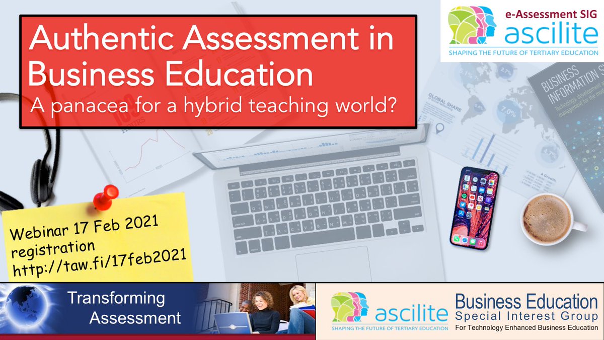 17 Feb 2021 "Authentic Assessment in Business Education - a panacea for a hybrid teaching world?" joint with <a href="/AsciliteBusEd/">ASCILITE Business Education SIG</a> <a href="/ascilite/">ASCILITE</a> by <a href="/Loges_2010/">Dan Logan</a>, <a href="/popi_sotiriadou/">Popi</a>, <a href="/AmandasAudit/">Dr Amanda White</a>, <a href="/FionaORiordan/">Fiona O'Riordan, Ed.D., SFHEA</a>, Monica Ward (of <a href="/DCU/">Dublin City University</a>), <a href="/DrCharmaineFle1/">Dr Charmaine Fleming</a>. Reg taw.fi/17feb2021