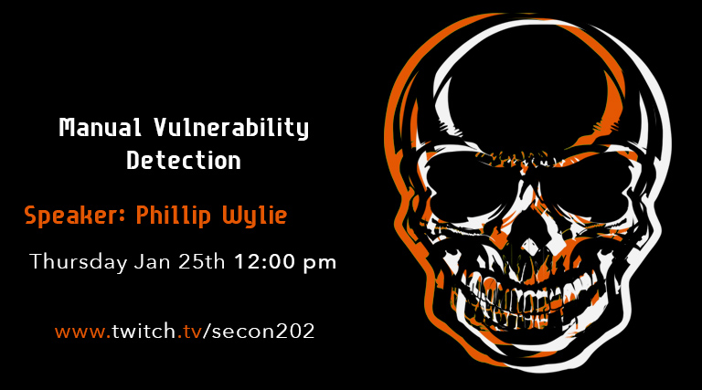 SECon202's tweet image. New Workshop! Manual Vulnerability Detection by Speaker: @PhillipWylie 
Thursday Feb 25th 12:00pm EST 
Learn #manual #vulnerability #detection skills for the advanced #pentester
on #twitch 
#BlueTeam #testing #scans #security #controls