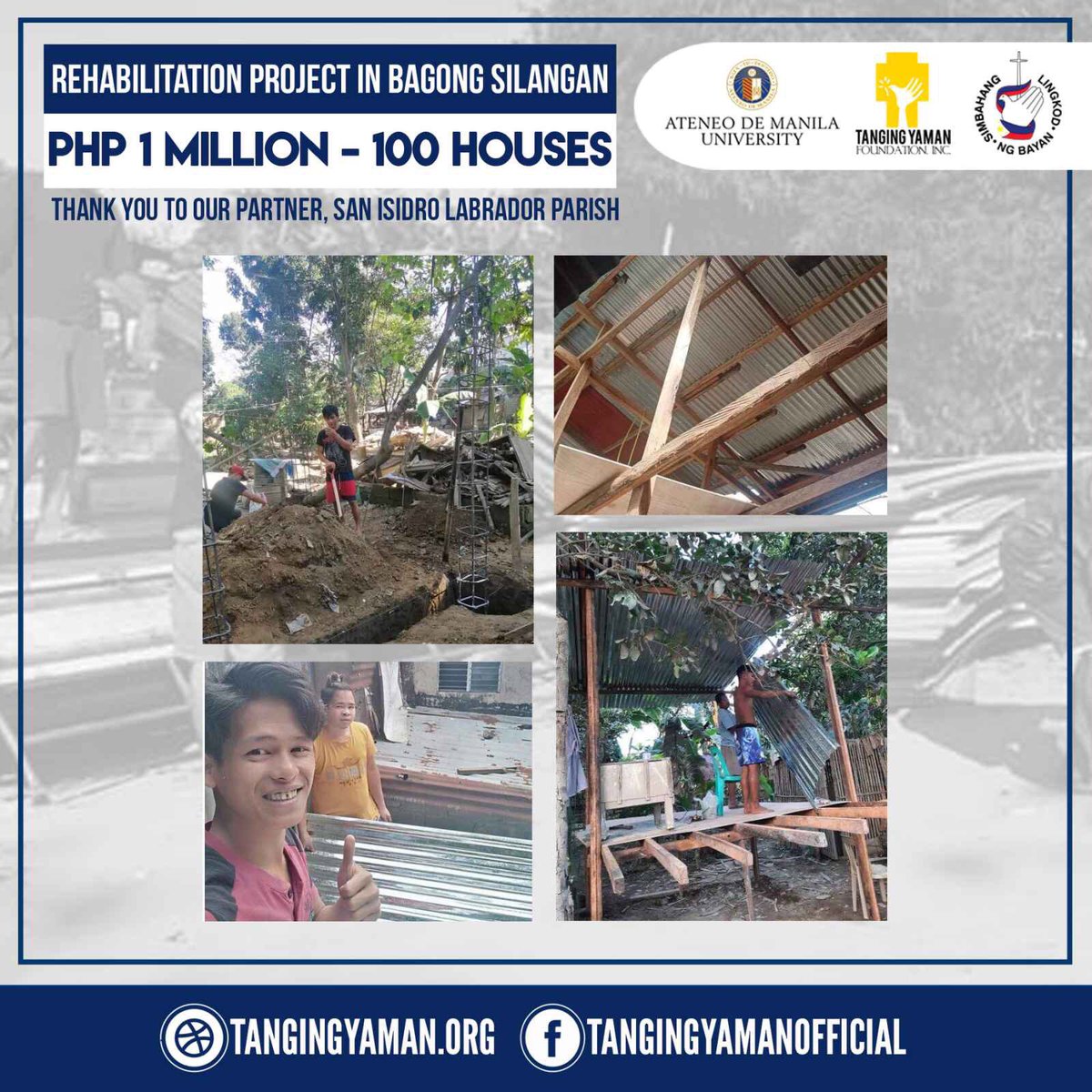 _TangingYaman's tweet photo. Here’s an update on our ongoing REHABILITATION PROJECTS for the survivors of the successive typhoons last year. 

🔹Php 1 Million for Cam Sur - 196 Houses c/o Ateneo de Naga University 

🔹Php 1 Million for Bagong Silangan QC - 100 Houses c/o San Isidro Labrador Parish

AMDG 💙 https://t.co/jArzUGkFbs