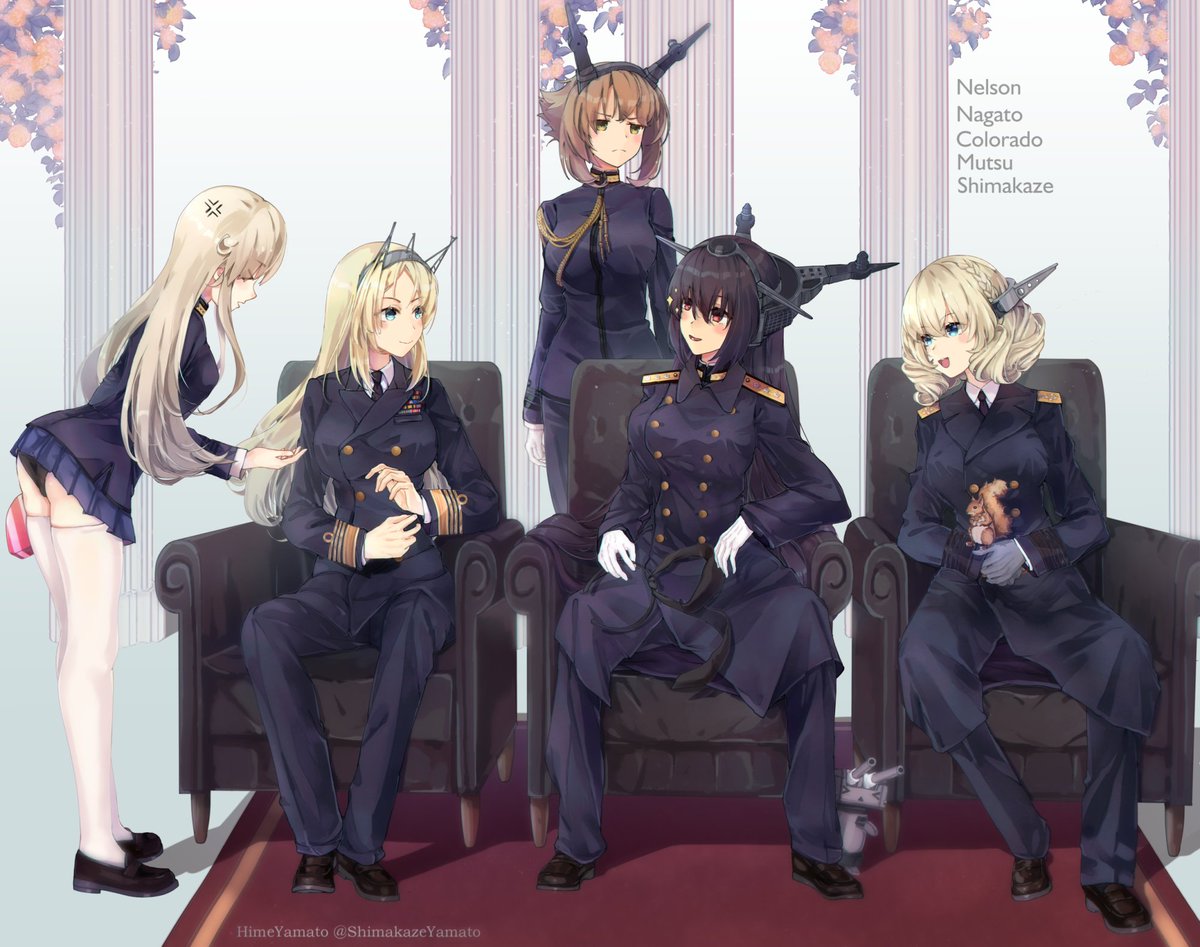 colorado (kancolle) ,mutsu (kancolle) ,nagato (kancolle) ,nelson (kancolle) multiple girls blonde hair headgear uniform long hair military short hair  illustration images