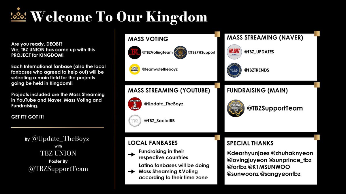Welcome To Our Kingdom👑 A project solely based to give The Boyz their deserved throne in Kingdom! Details in the Poster~ Project by Update_TheBoyz together with TBZ UNION #THEBOYZ #더보이즈 @WE_THE_BOYZ @Creker_THEBOYZ