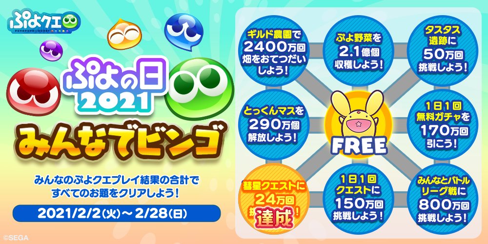 ぷよぷよ クエスト公式 ぷよクエ ぷよの日 21 みんなでビンゴ 開催中 彗星クエストに24万回挑戦しよう を見事に達成 とっくんマスを290万個解放 は2万回 1日1回クエストに150万回挑戦 は68万回を突破 この調子でビンゴ達成