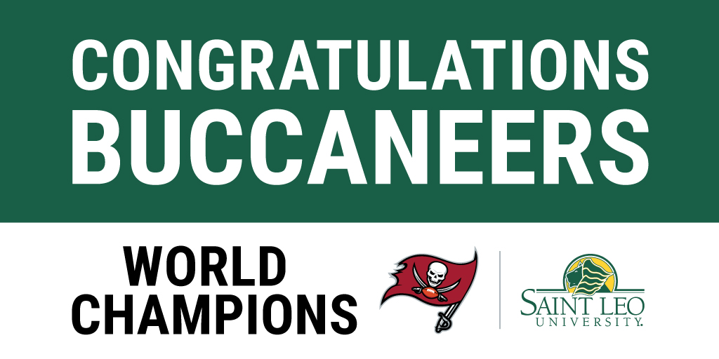 SaintLeoUniv's tweet photo. Saint Leo University, the exclusive educational partner of the #TampaBay @Buccaneers, congratulates our home team on their historic win! #GoBucs https://t.co/IjEeILJ3ff