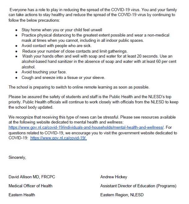 Please note, the following memo from the District &amp; @EasternHealthNL being shared with <a href="/HuskiesMPSH/">Mount Pearl Senior</a> staff, families, &amp; stakeholders this evening into tomorrow morning. More information will be shared with #nlschools as more is known.