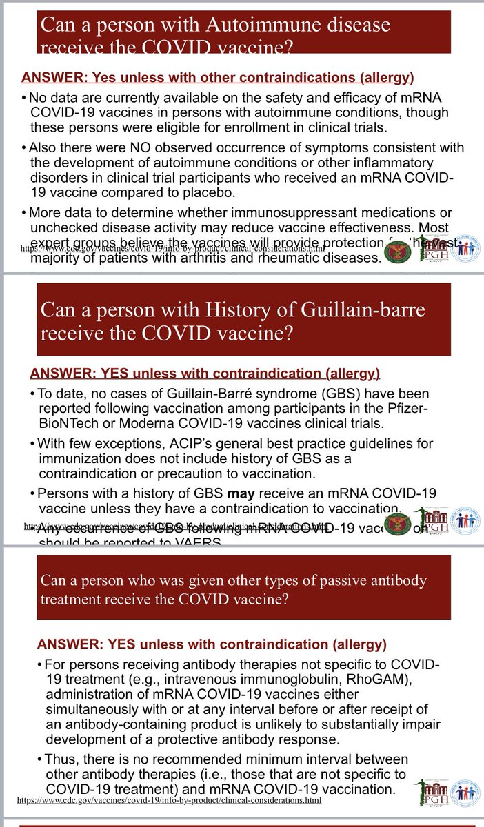 Autoimmune disease? History of Guillain-barre? Yes, you can receive the COVID vaccine UNLESS with other contraindications (allergy)Dr Berba’s slides: