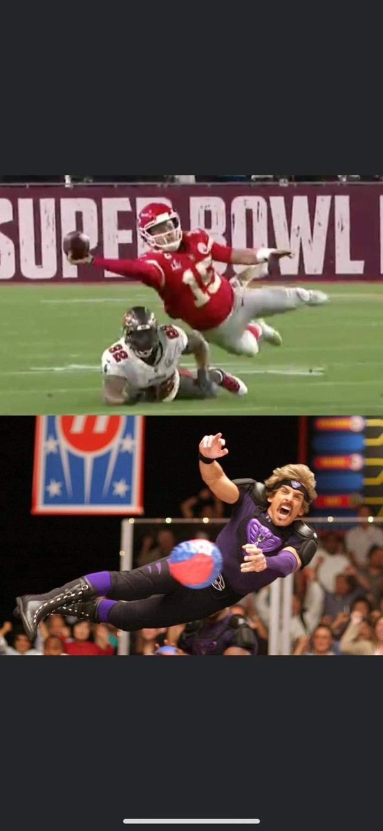 ScottyStyles33's tweet photo. Patrick Mahomes doing his best Ben Stiller impression from Dodgeball.

#SuperBowl https://t.co/tol0vUB5xI