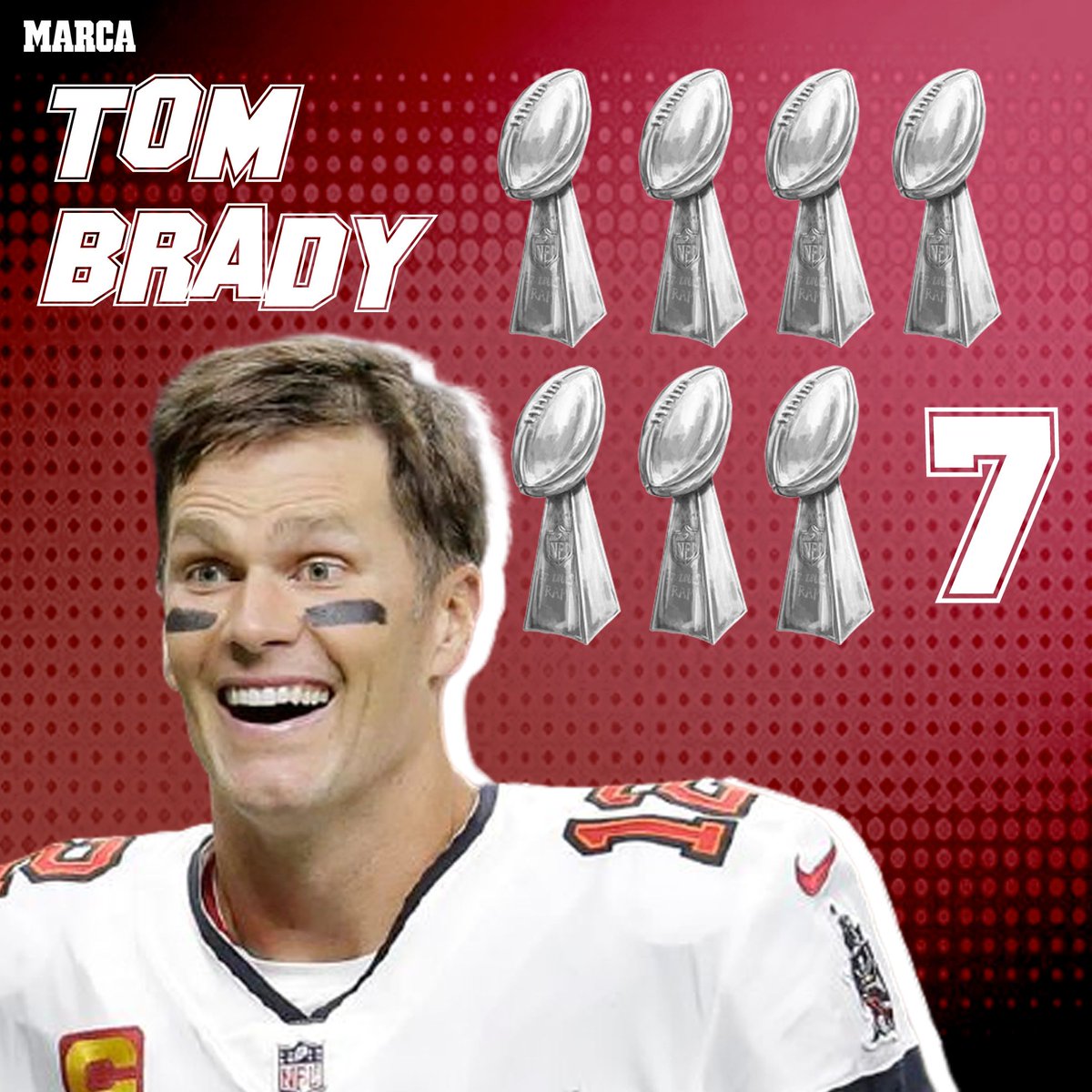 marca's tweet photo. 💥 ¡COLOSAL 💪 @TomBrady! The GOAT 🐐 sorprendió al mundo 🌎 fichando por los inesperados Buccaneers 🏴‍☠ y devolvió el título 🏆 a Tampa Bay 18 años después. El mejor  quarterback 🏈 de todos los tiempos suma ya 7 títulos de la Super Bowl, más que ningún equipo de la NFL 👏👏 https://t.co/QJ1L6Ohcj8
