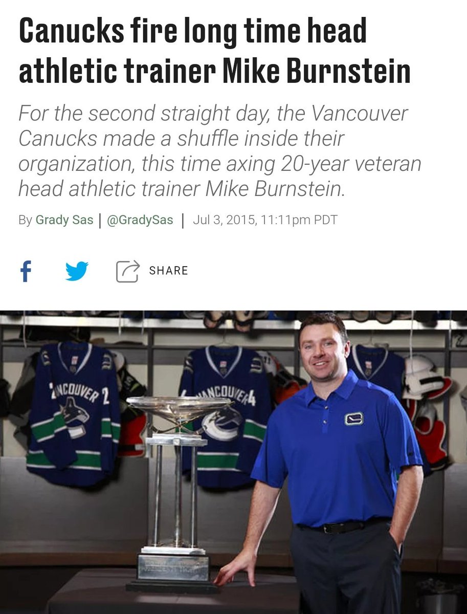 2014 - Vancouver hires Benning and Weisbrod (VP player personnel), and the team returns to the playoffs that yrBenning is allowed to clean house anyways though (Gilman, Henning, Crawford) and Weisbrod is quickly elevated to Ass GMThey also have an embarrassing news moment