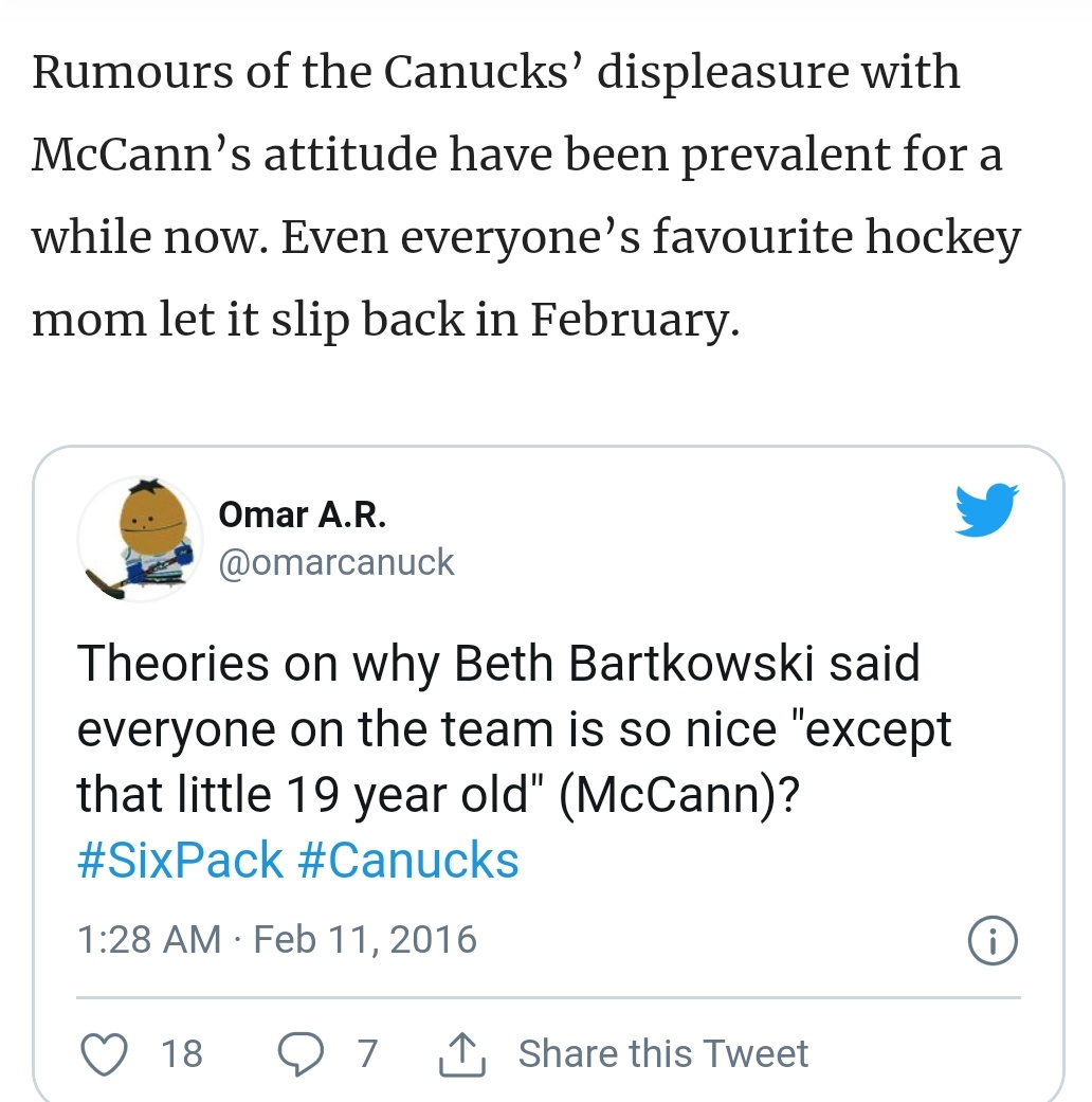And then, things really got uglyRumors of bad attitudes by the kids got McCann traded in a package to Florida for Erik Gudbranson.They then sign another aging Swedish forward (forgetting already they were trying to get younger the year before) Loui Eriksson, to a 6 yr deal