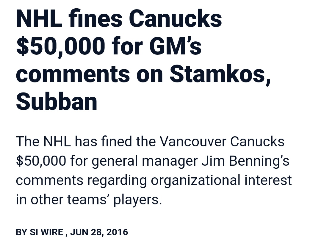Gudbranson and Eriksson weren't the 1st players Benning was after that season. He'd hoped for Steven Stamkos, PK Subban and Milan Lucic, and decided to talk about it. The NHL quickly stepped in...