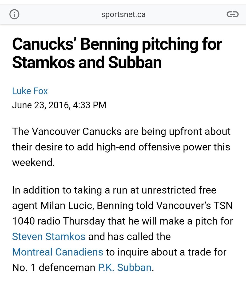 Gudbranson and Eriksson weren't the 1st players Benning was after that season. He'd hoped for Steven Stamkos, PK Subban and Milan Lucic, and decided to talk about it. The NHL quickly stepped in...
