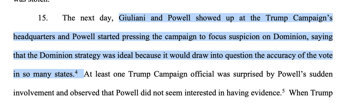 Dominion recounts facts to show thought up an "ideal" lie for showing the election was stolen:So show that Giuliani knew these were lies, Dominion notes that he never raised these lies in court because he knew they were lies. 2/