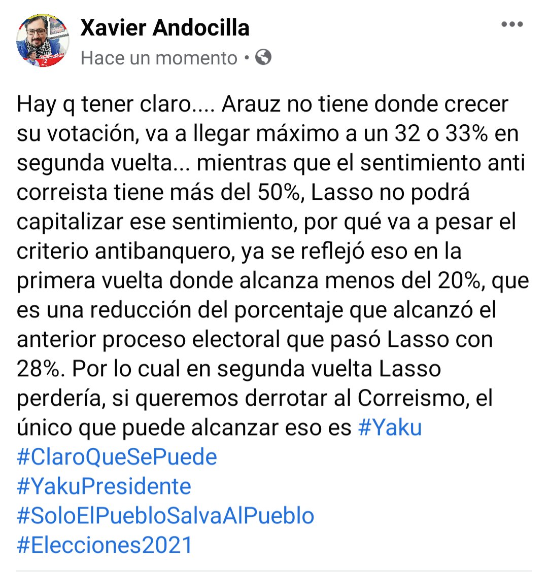 XavierAndocilla's tweet photo. Así es... Solo #yakuperez puede vencer al correismo 
#ClaroQueSePuede 
#YakuPresidente 
#SoloelpuebloSalvaAlPueblo 
#Elecciones2021Ec https://t.co/un1MIATywn