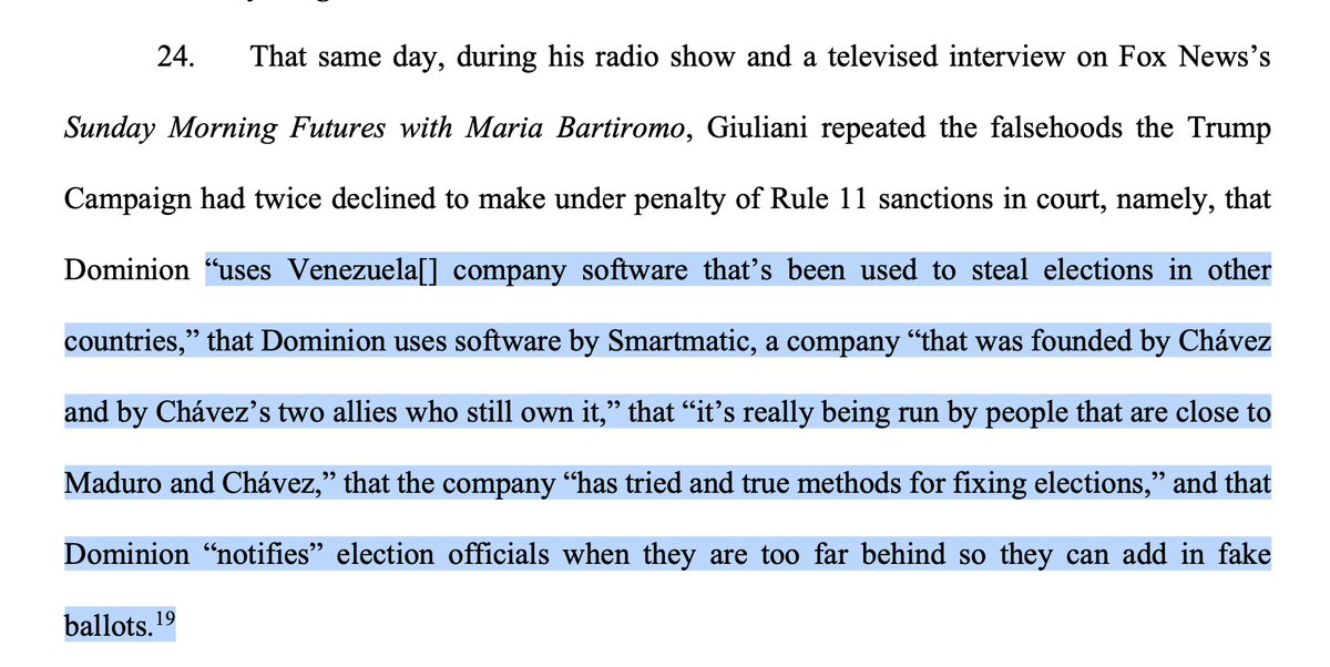 The lie is outrageous and easily disproven.To meet the second element, the brief recounts at length the many, many times Giuliani appeared on Fox, radio, podcasts and at "press conferences" to push the lie to "global" audiences.Examples:3/