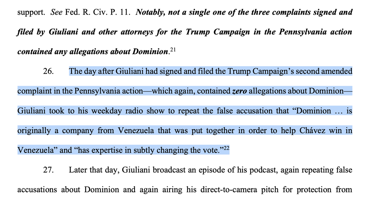 To demonstrate that Giuliani knew he was lying, the brief recounts that, as Giuliani was spreading the lie to global audience, he was also filing lawsuits about the election -- but he NEVER repeated these lies in court (where lies have consequences).4/