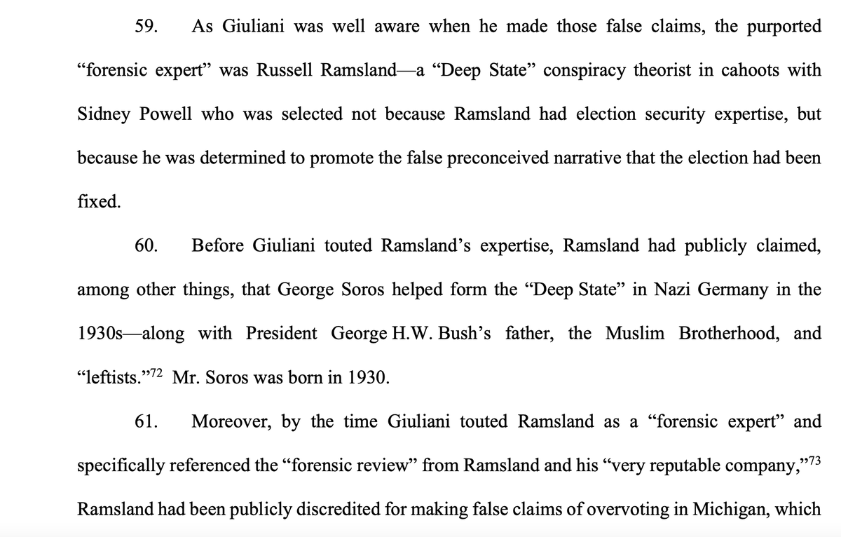 Giuliani offered "experts" like Russell Ramsland to back up his claims.To show Giuliani knew or should have known these were lies (insanity is not a defense!) the brief touches on Giuliani's legal training and experience as a prosecutor.6/