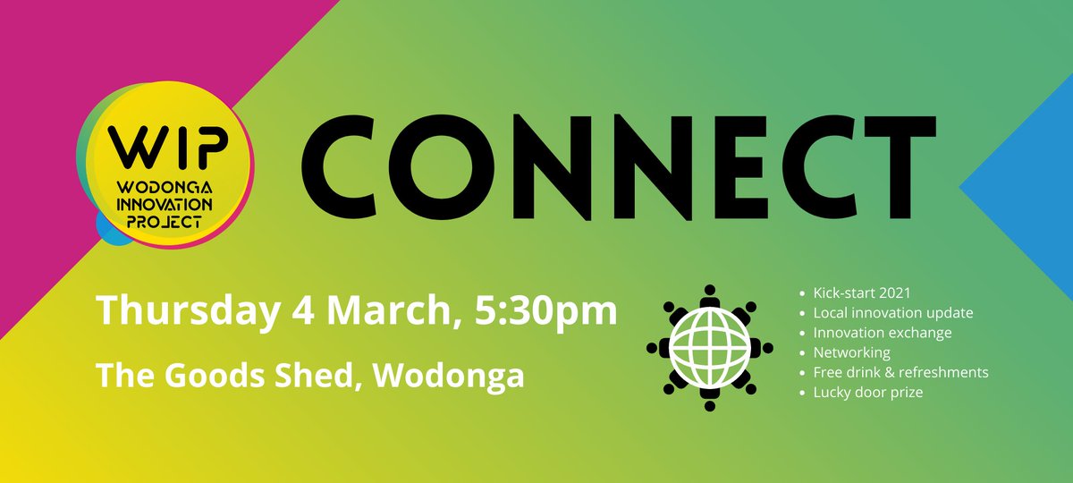 WIP_Wodonga's tweet photo. The Wodonga Innovation Project are excited to announce that we will be kicking-off 2021 with the WIP Connect event!

To register for the event head to Eventbrite. https://t.co/563PiESoyS

#WIPconnect #innovation #wodonga https://t.co/D1Djqpex0f