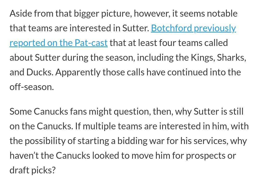 Oh and besides trading picks, Benning turned down reported 1st round picks for Ryan Miller by SJ, Tanev from Toronto, and Edler by Calgary. Even Sutter had multiple teams interested at one point, and the team just frozeWhile already really, REALLY bad #Canucks    #FireBenning