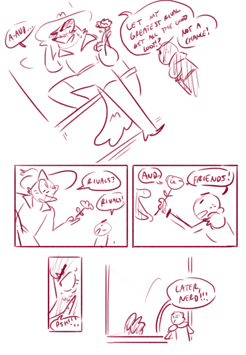 (2/2) This is a much more polished sketch-writing pass than I normally do for a scene before thumbnails- (I think I had a lot of feelings about it at the time...?) but we ultimately cut it since it would flow weirdly. Still fun to look back on now!