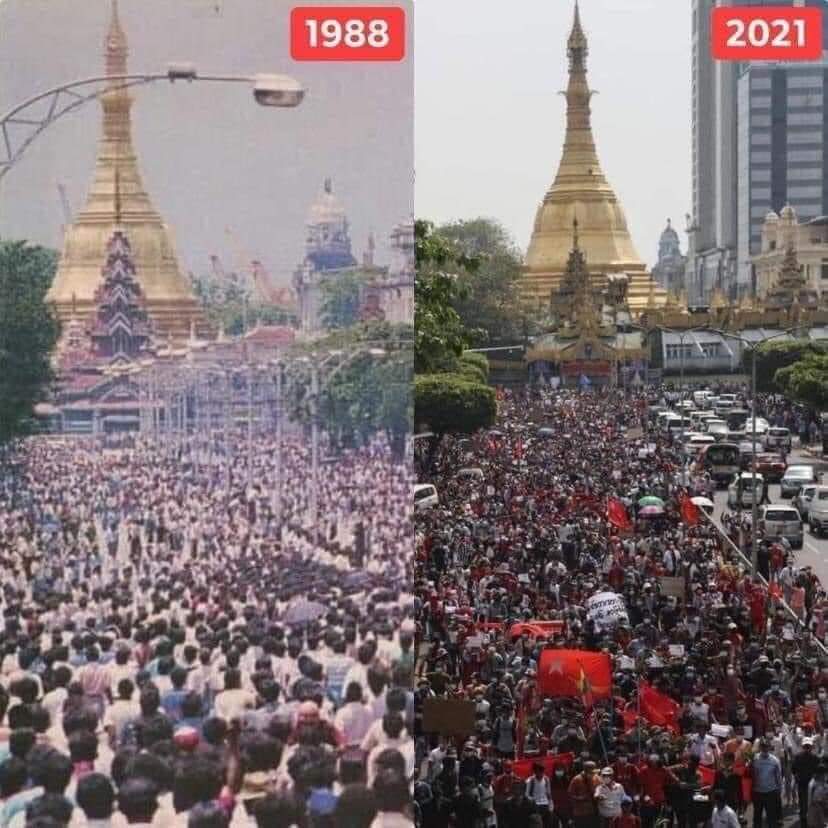 nyeinwai's tweet photo. There is no differences between 1988 & 2021. Myanmar turned dark again.
People are still protest the military dictatorship and coup in Myanmar.
We are protesting as a Myanmar citizen to release coup and return back our freedom and democracy.
#FailDictatorship
#AgainstCoup https://t.co/YAoymdS6lL