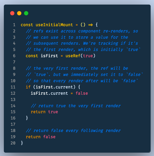 Who likes React custom Hooks? Here are 8 that I found especially helpful or particularly interesting  useInitialMount - returns whether or not the current render is the first/thread 
