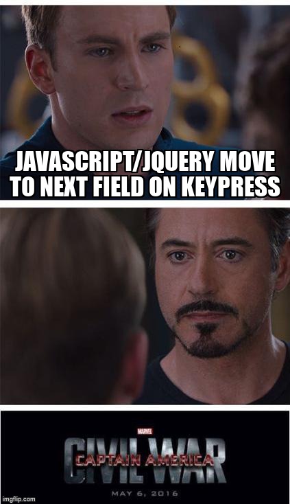 overflow_meme's tweet image. Javascript/jQuery move to next field on keypress stackoverflow.com/questions/3200… #textarea #jqueryevents #javascript #jquery